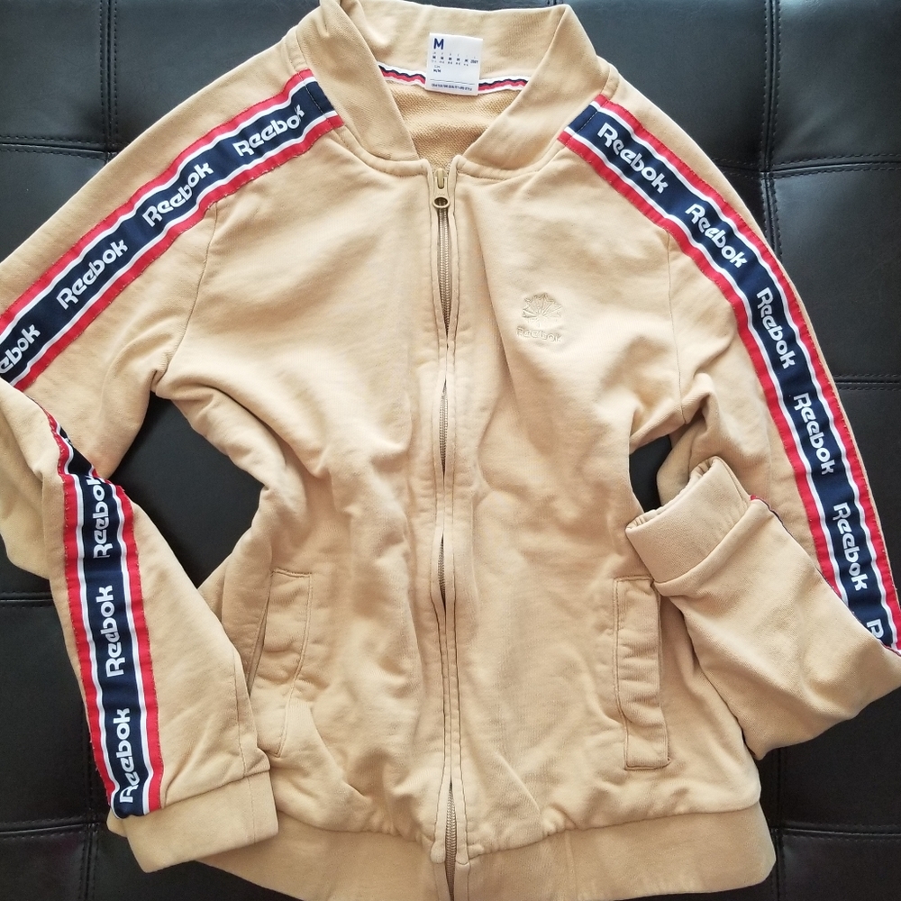 ❗Reebok Tan Logo High Neck Long Sleeve Full Zip Sweater Medium❗